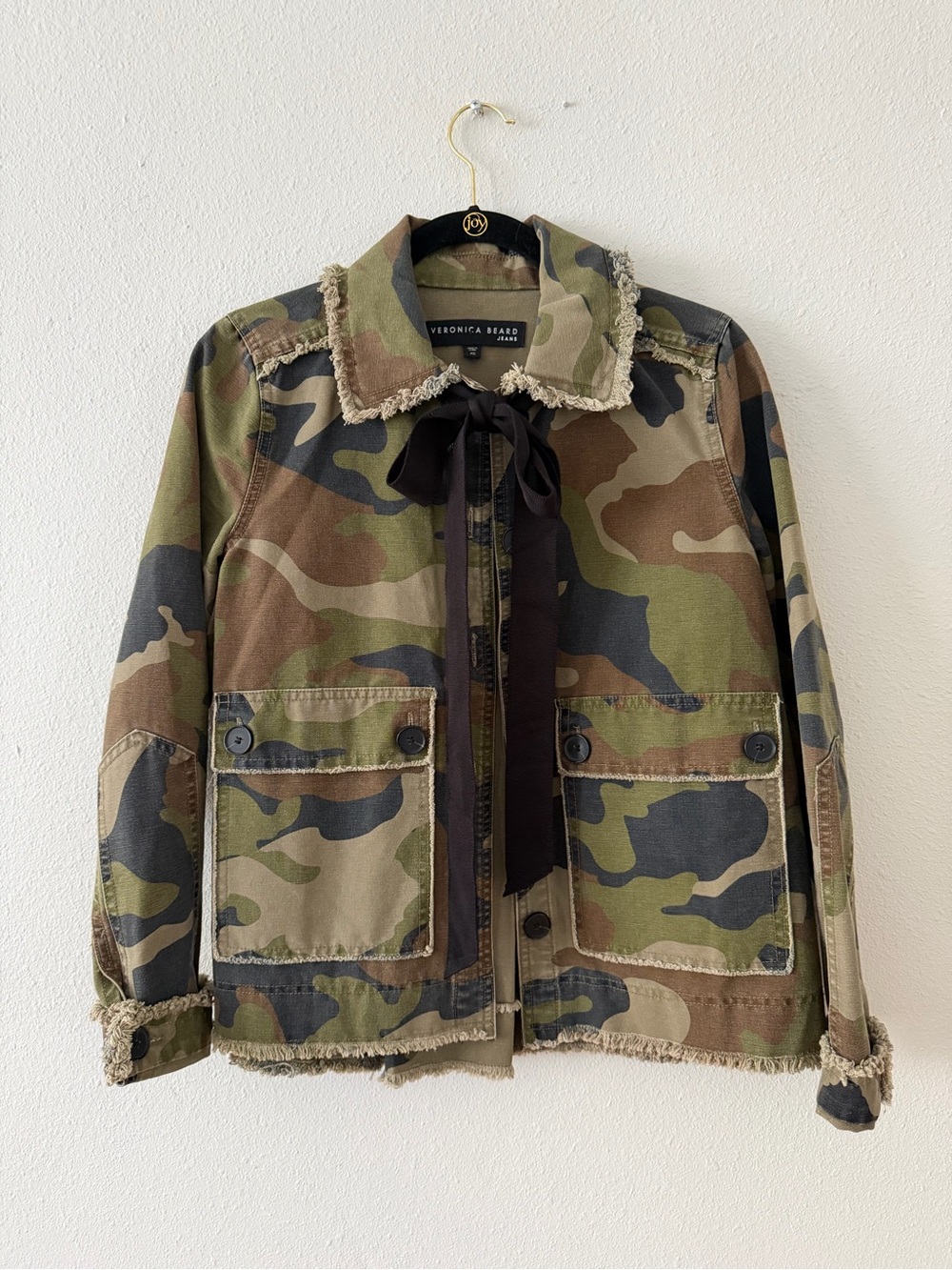 Veronica Beard Camouflage Utility Jacket in Olive, Brown & Black Ribbon